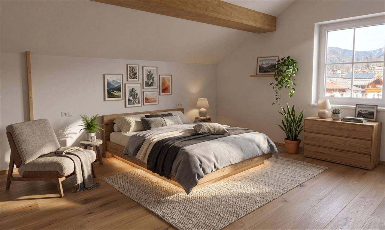 Schlafzimmer mit Holzbalken – Visualisierung